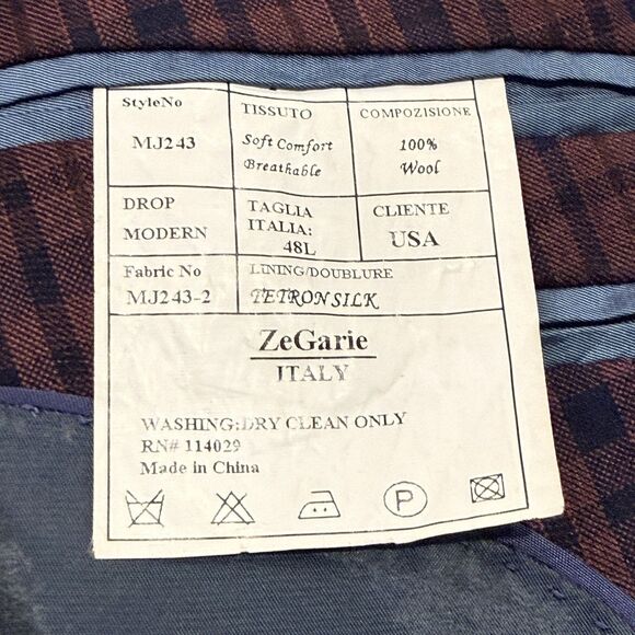 ZeGarie Men’s 48L Burgundy/Navy 100% Wool Windowpane Plaid Blazer Sport Jacket - Picture 3 of 14